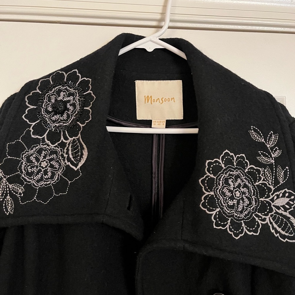 Size 8 MONSOON Black Boiled Wool EMBROIDERED Coat